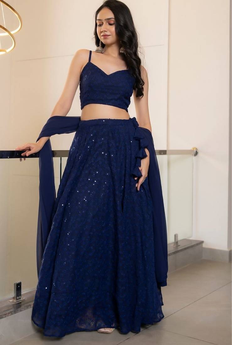 NAVY BLUE CHIKANKARI Sequin LEHENGA & BLOUSE AND DUPATTA