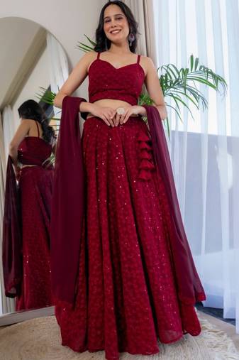 MAROON CHIKANKARI Sequin LEGENGA AND BLOUSE AND DUPATTA