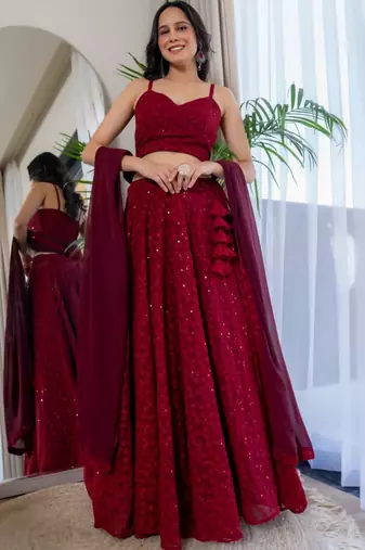 MAROON CHIKANKARI Sequin LEGENGA AND BLOUSE AND DUPATTA
