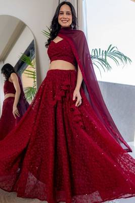 MAROON CHIKANKARI Sequin LEGENGA AND BLOUSE AND DUPATTA 2