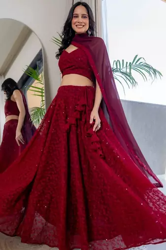 MAROON CHIKANKARI Sequin LEGENGA AND BLOUSE AND DUPATTA