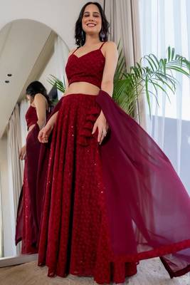 MAROON CHIKANKARI Sequin LEGENGA AND BLOUSE AND DUPATTA 3