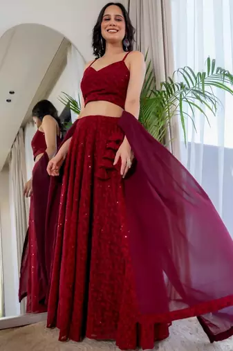 MAROON CHIKANKARI Sequin LEGENGA AND BLOUSE AND DUPATTA