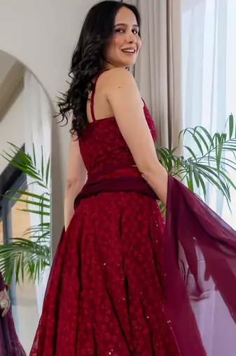 MAROON CHIKANKARI Sequin LEGENGA AND BLOUSE AND DUPATTA
