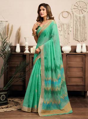 teal green linen ikat saree 1