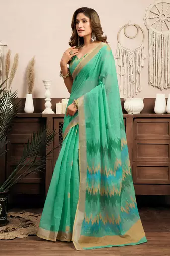 teal green linen ikat saree