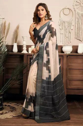 white & grey linen ethnic motifs saree