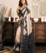 white & grey linen ethnic motifs saree