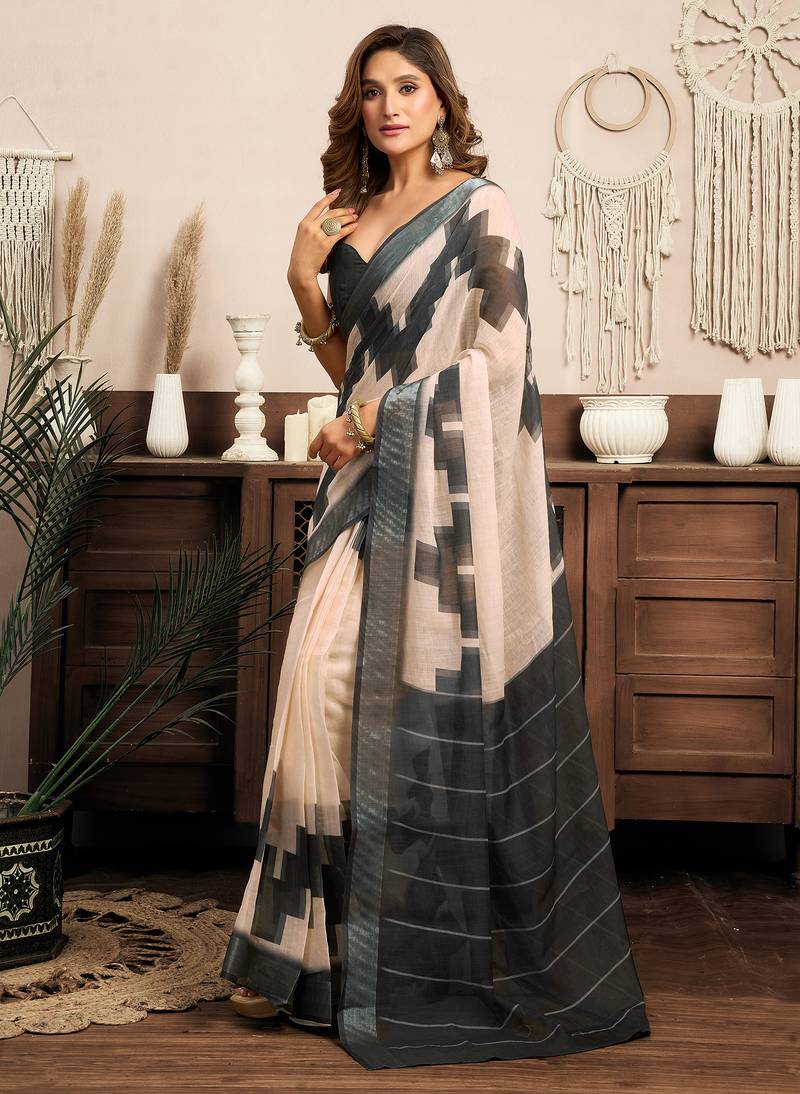 white & grey linen ethnic motifs saree