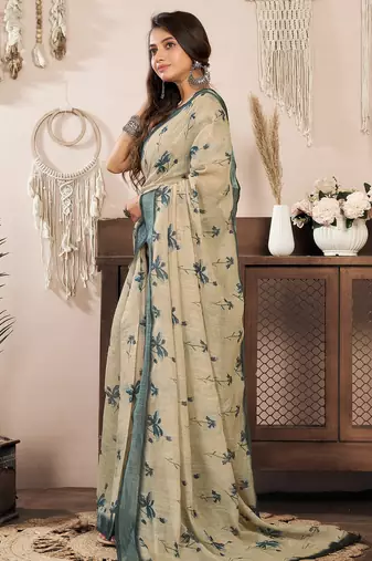 beige linen floral saree