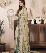 beige linen floral saree