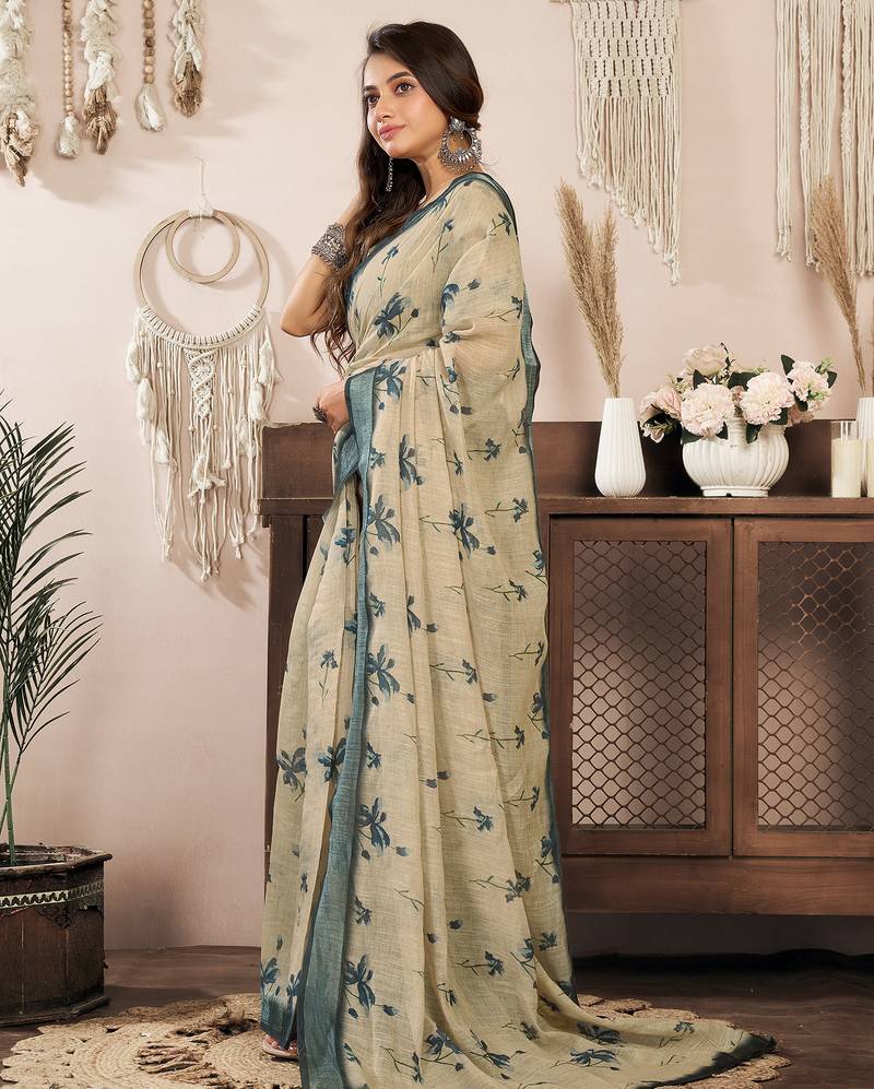 beige linen floral saree