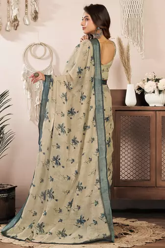 beige linen floral saree
