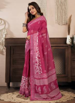 pink linen floral saree 1