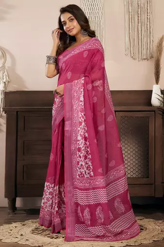 pink linen floral saree
