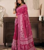 pink linen floral saree