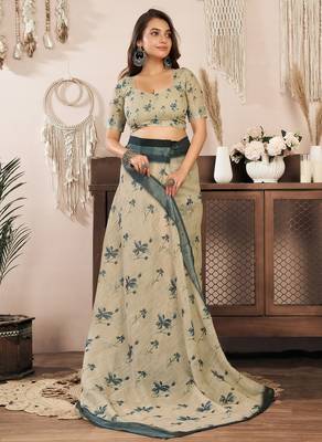 beige linen floral saree 5