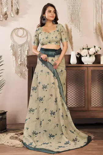 beige linen floral saree