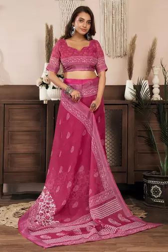 pink linen floral saree