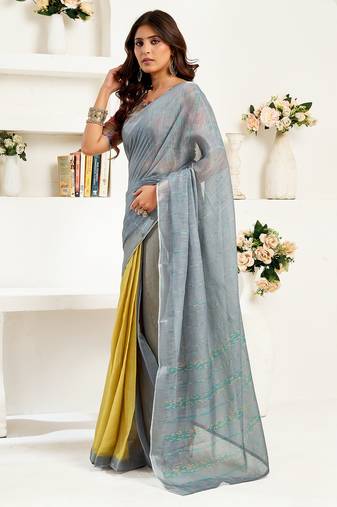 grey   linen striped saree