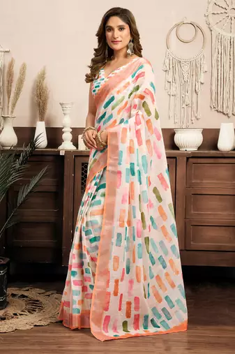 white linen color block saree