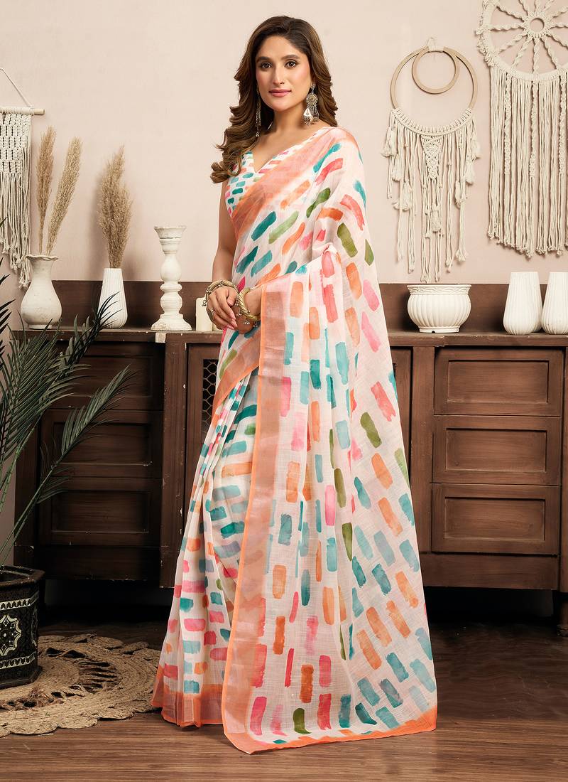 Women white linen color block saree