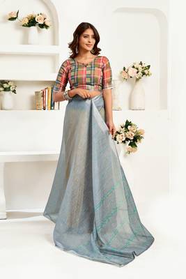 grey  linen striped saree 5