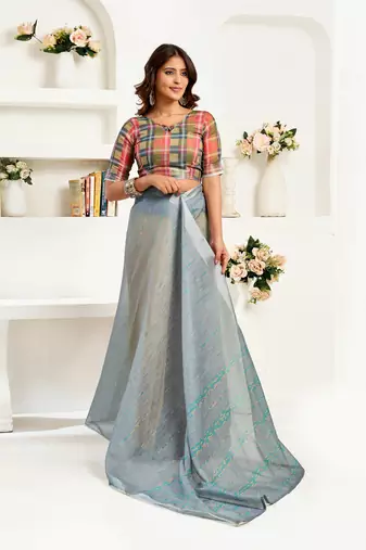 grey   linen striped saree