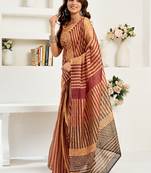 caramel linen striped & geomatric saree