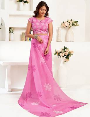pink linen floral saree 5