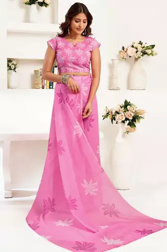 pink linen floral saree