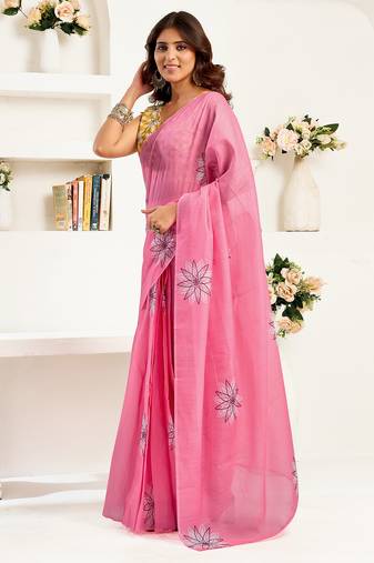 baby pink linen geomatric saree