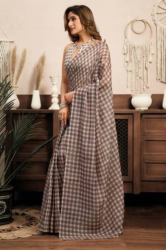 beige linen checked saree