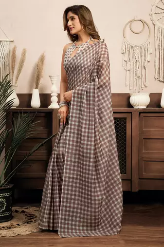 beige linen checked saree