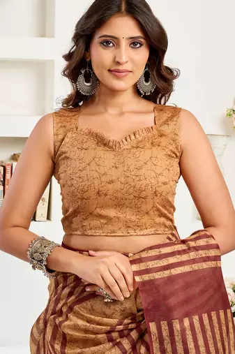 caramel linen striped & geomatric saree