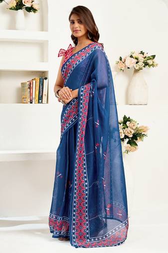 navy blue linen kalamkari & ajrakh saree