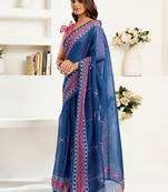 navy blue linen kalamkari & ajrakh saree