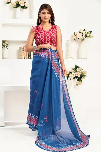 navy blue linen kalamkari & ajrakh saree