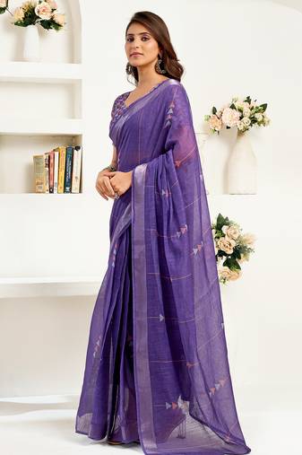 purple linen geomatric saree