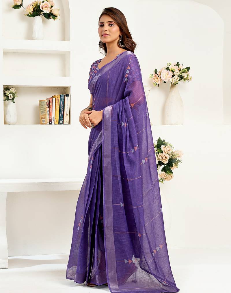 purple linen geomatric saree