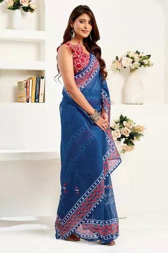 navy blue linen kalamkari & ajrakh saree
