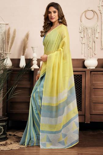 Women bright yellow linen striped & geomatric saree