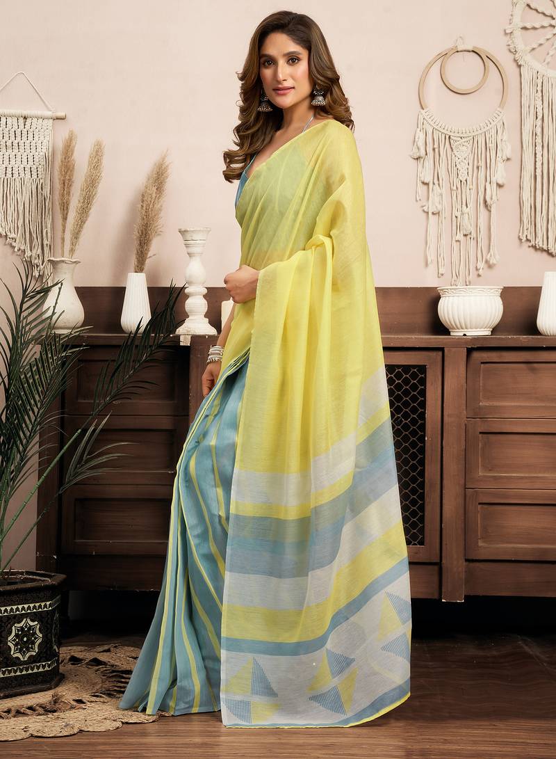 Women bright yellow linen striped & geomatric saree