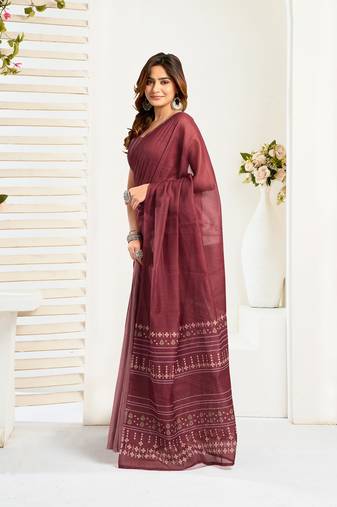 Women maroon linen ethnic motifs saree