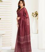 maroon linen ethnic motifs saree