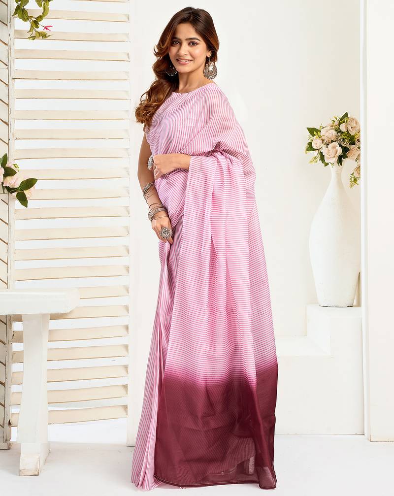 Women light pink  linen striped saree