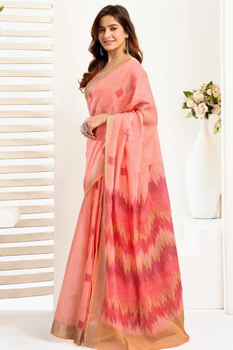 peach linen ikat saree