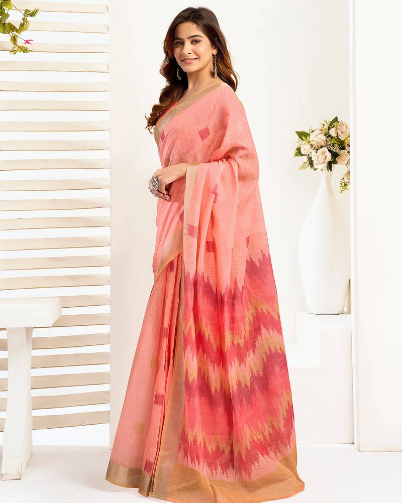 women peach linen ikat saree