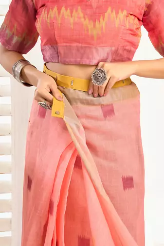 peach linen ikat saree