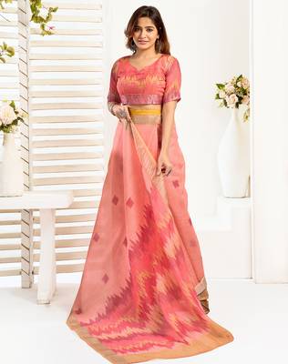 peach linen ikat saree 5